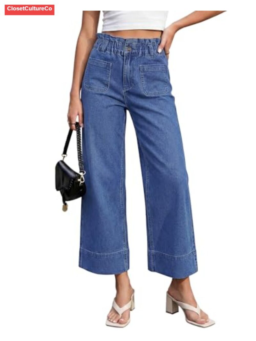 Wide Leg Cropped High Waisted Paper Bag Waist Stretchy Denim Pants